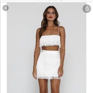 meshki sophia fringe crop top & skirt bachelorette bridal two piece set white